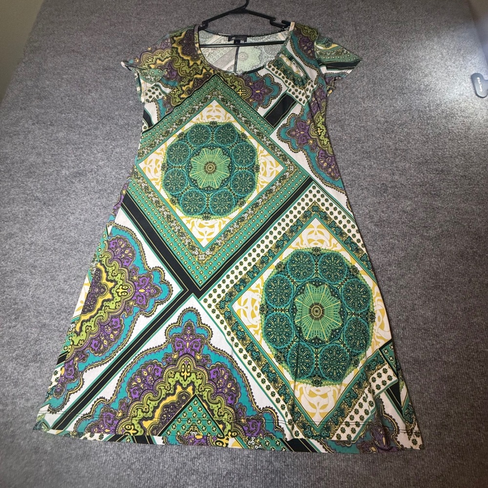 AB Studio Womens XL Green Teal Medallion Geometric Print A-Line Stretch Dress